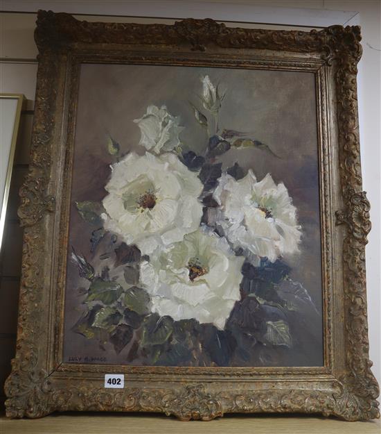 Lucy Mary Wiles (S. African 1920-), oil on board, White Roses, signed, 53 x 44cm